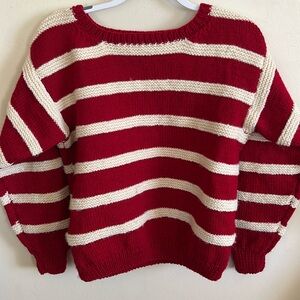 Hand knit 100% wool small slightly oversized sweater red & white stripes